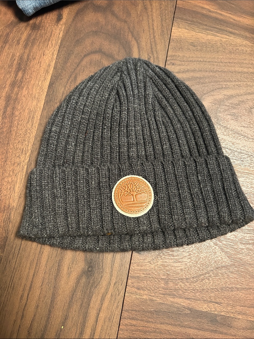 Timberland Dark Gray Ribbed Knit Cuff Beanie with Leather Logo